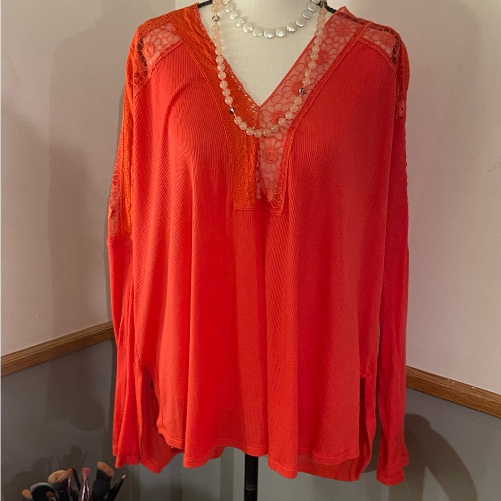 Free People Lace Mesh Coral Blouse Tunic Large